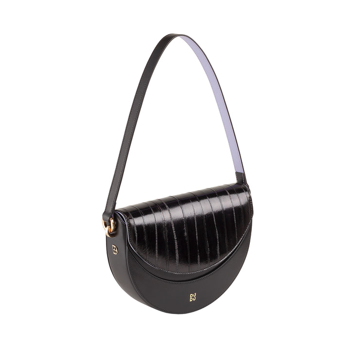 DUDU Sac Bandoulière pour Femme en Cuir Véritable, Croissant Rigide, Fabriqué en Italie, Sac à Main avec Rabat et Double Bandoulière, Fermeture Magnétique