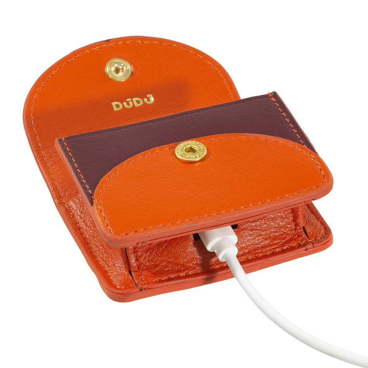 DUDU Funda para Auriculares Air Pod en Piel Auténtica con Llavero - Mini Funda con Mosquetón, Elegante y Compacta