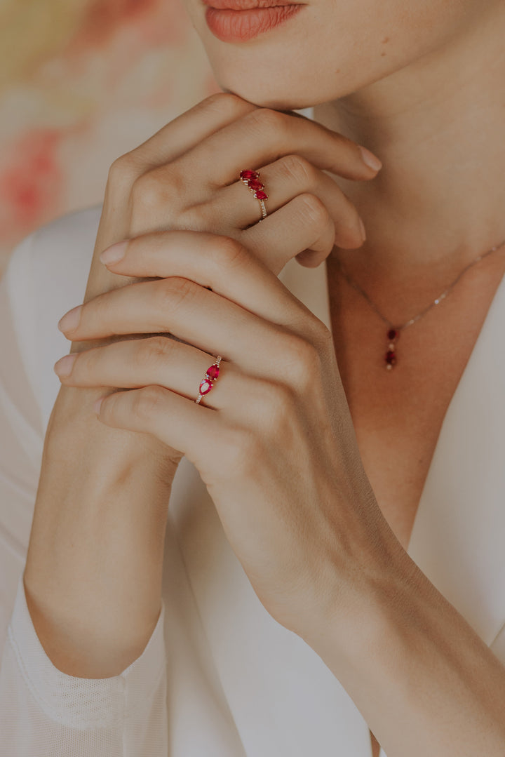 Comete Ring in rose gold with diamonds and rubies drop ANB2636