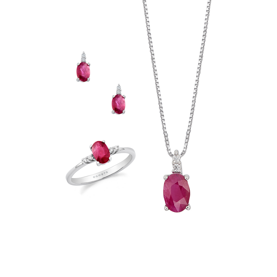 Comete Collana, anello e orecchini Oro e Diamanti bianchi, Rubino ovale KIT165726871104