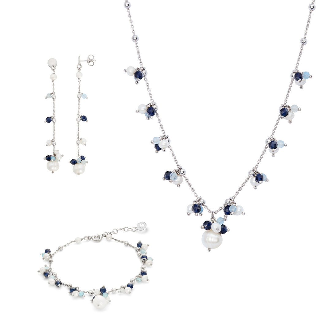 Comete Bracciale, collana e orecchini Argento 925‰ con Acquamarina, pietre blu e Perle KIT271221271