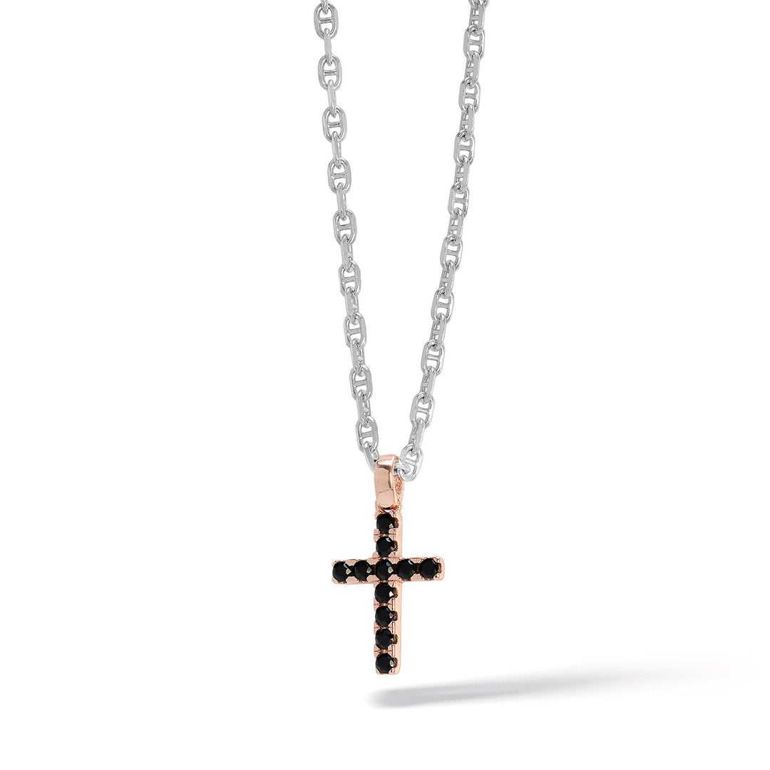 Collier Croix Comète en Argent rosé avec zircons noirs Small UGL729