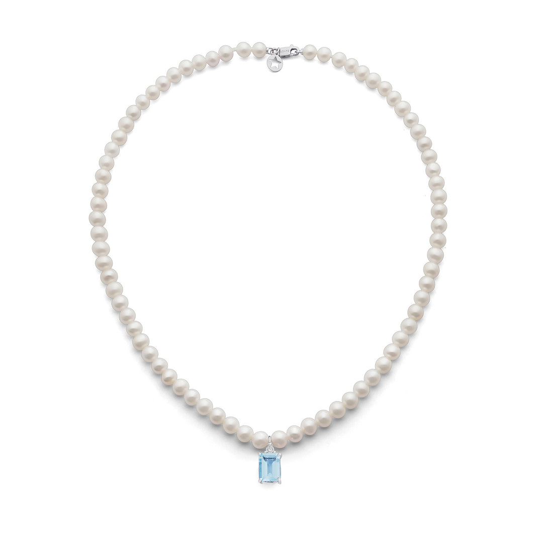 Collier Comete Perles en Or et Diamant et Aigue-Marine Octogonale FWQ379