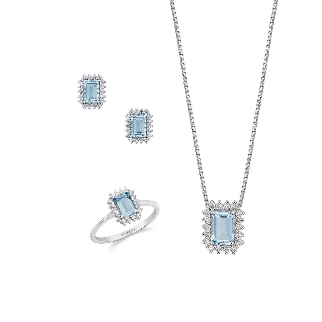 Comete Collar, anillo y pendientes en oro blanco 750 ‰, diamantes, aguamarina octogonal KIT308343272