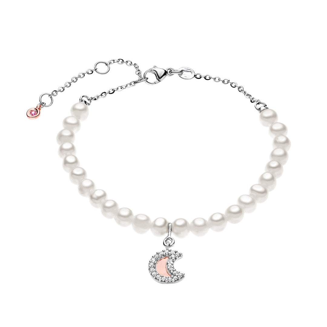 Bracelet de perles Comete en or blanc avec lune, diamants et saphir rose BRQ138
