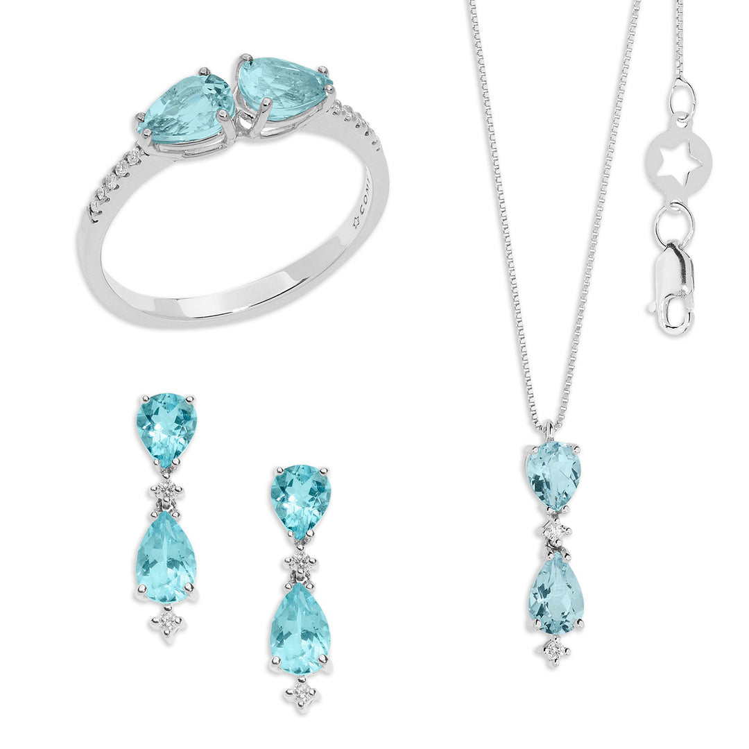 Comete Ring, Necklace and Earrings Gold Diamonds and Aquamarine Drop KIT299328262