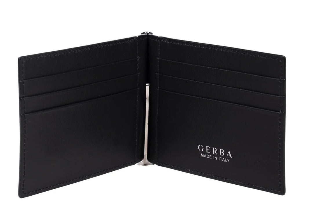Porte-euro Gerba en cuir de veau pleine fleur et logo Gerba en GB002 NOIR argent