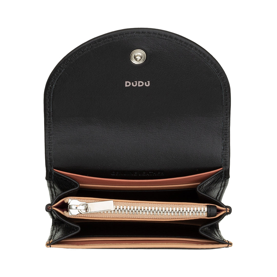 DUDU Cartera Mini Slim para Mujer de Piel Auténtica con Monedero con Cremallera, Cierre de Botón, Cartera Compacta de Color