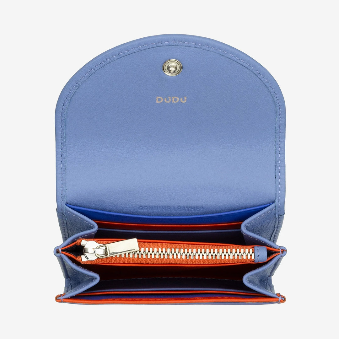 DUDU Cartera Mini Slim para Mujer de Piel Auténtica con Monedero con Cremallera, Cierre de Botón, Cartera Compacta de Color