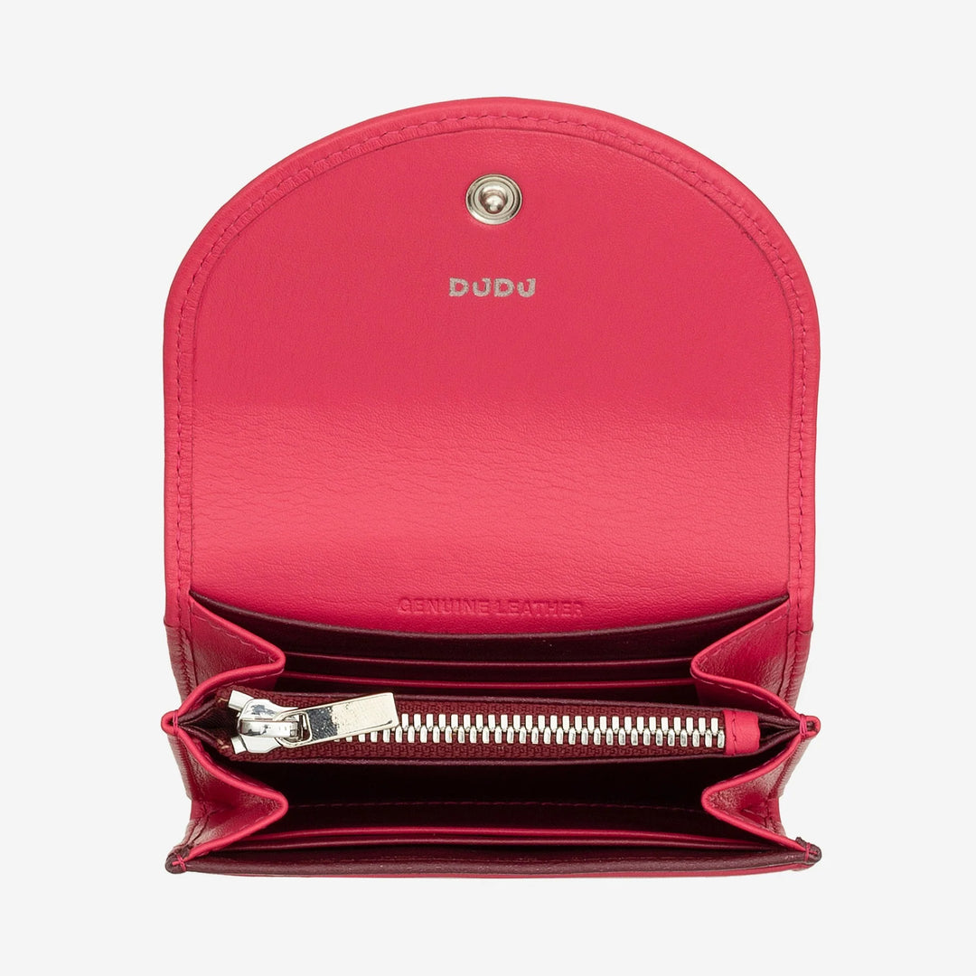 DUDU Cartera Mini Slim para Mujer de Piel Auténtica con Monedero con Cremallera, Cierre de Botón, Cartera Compacta de Color