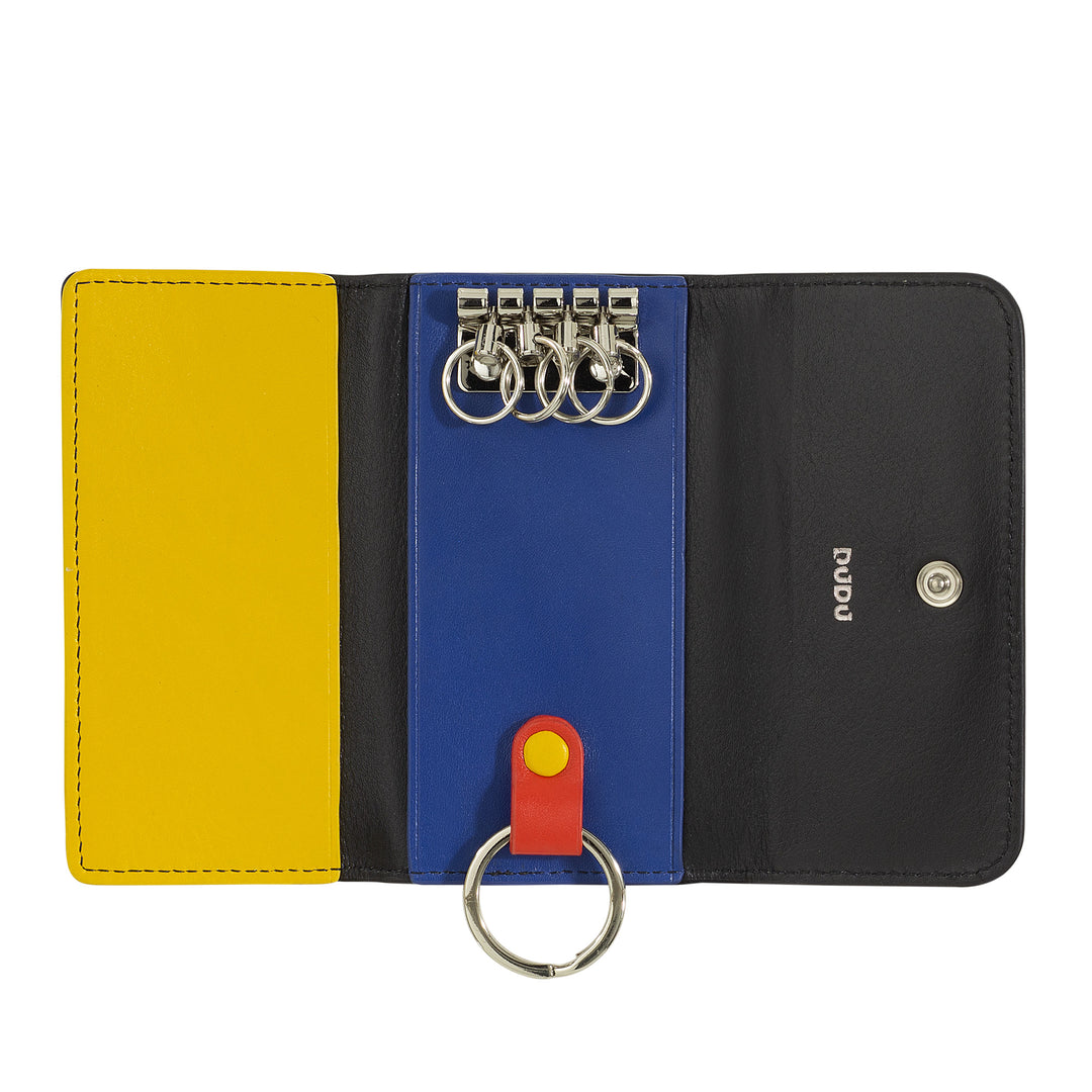 DUDU Keychain Case in Colored Leather with 5 Rings for Car Keys, Minimal Design, with Button