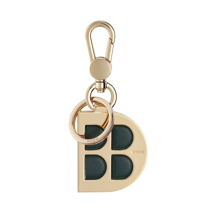 DUDU Llavero de Metal en Forma de D con Inserciones de Cuero Auténtico, Llavero Dorado con Mosquetón y Anillo, Llavero para Coche, Casa y Oficina