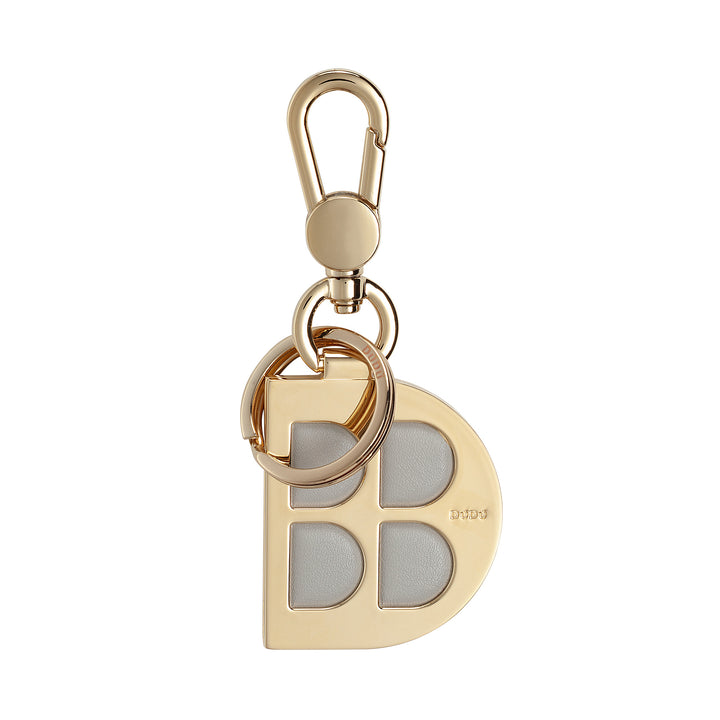 DUDU Llavero de Metal en Forma de D con Inserciones de Cuero Auténtico, Llavero Dorado con Mosquetón y Anillo, Llavero para Coche, Casa y Oficina