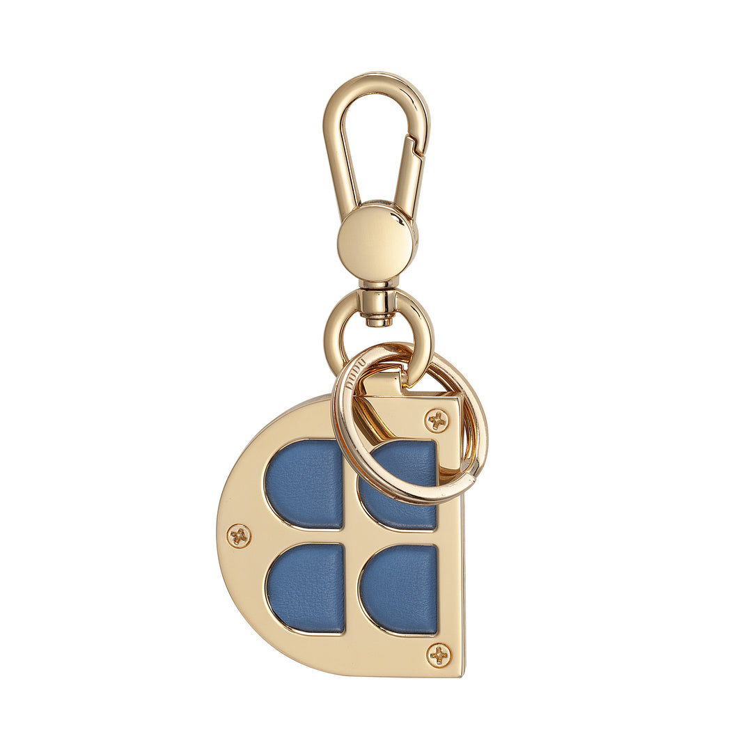 DUDU Llavero de Metal en Forma de D con Inserciones de Cuero Auténtico, Llavero Dorado con Mosquetón y Anillo, Llavero para Coche, Casa y Oficina