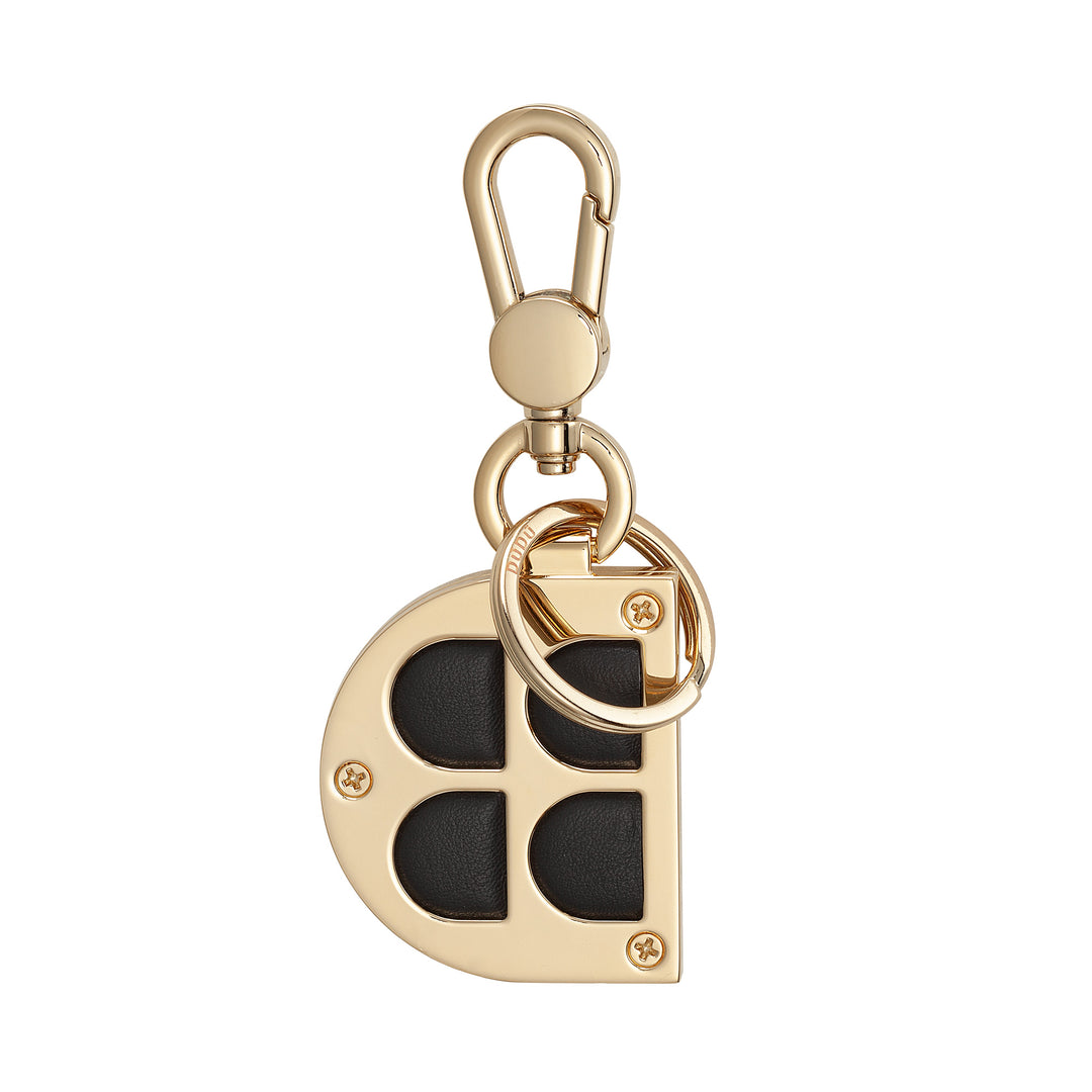 DUDU Llavero de Metal en Forma de D con Inserciones de Cuero Auténtico, Llavero Dorado con Mosquetón y Anillo, Llavero para Coche, Casa y Oficina