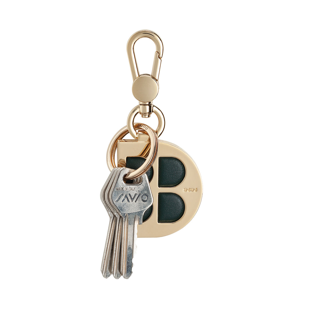 DUDU Llavero de Metal en Forma de D con Inserciones de Cuero Auténtico, Llavero Dorado con Mosquetón y Anillo, Llavero para Coche, Casa y Oficina