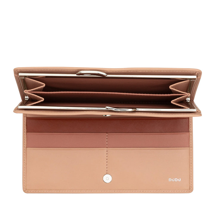 DUDU Cartera Grande para Mujer de Piel Auténtica con Protección RFID, Tarjetero con Monedero Clic Clac, Billetera Colorida