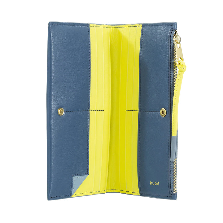 DUDU Portafoglio Donna Grande Slim in Pelle con Zip - Portafogli Lungo Verticale Elegante a Libro con Porta Carte, Tasca Monete con Cerniera e Scomparti per Banconote