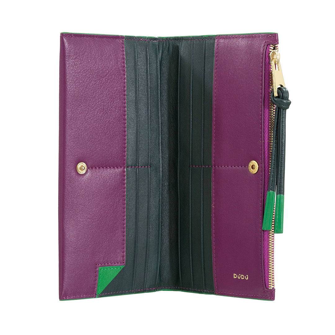DUDU Cartera de Mujer Grande y Fina de Piel con Cremallera - Elegante Cartera Larga Vertical con Tarjetero, Monedero con Cremallera y Compartimentos para Billetes