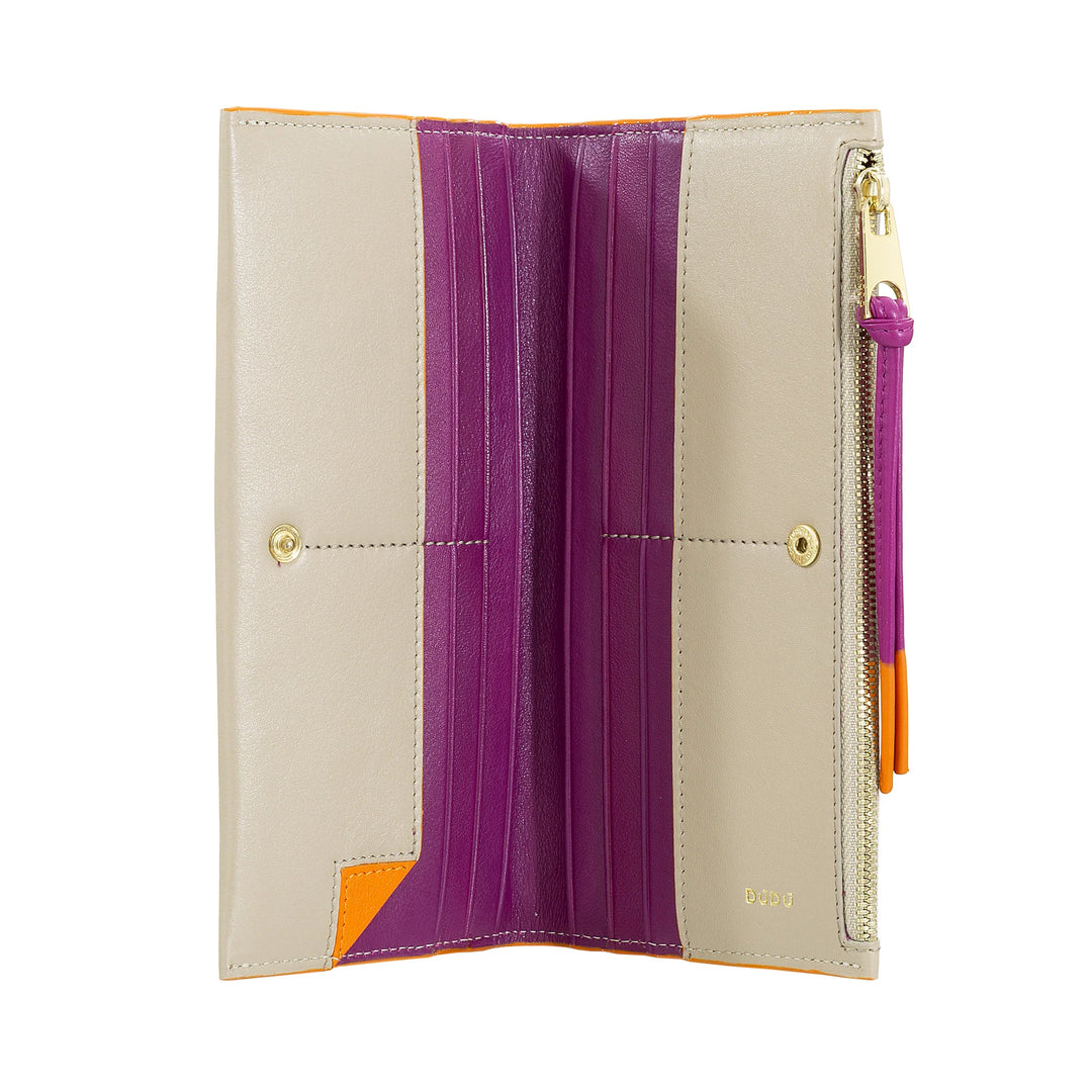 DUDU Portafoglio Donna Grande Slim in Pelle con Zip - Portafogli Lungo Verticale Elegante a Libro con Porta Carte, Tasca Monete con Cerniera e Scomparti per Banconote
