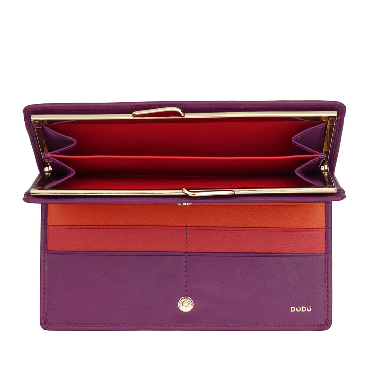 DUDU Cartera Grande para Mujer de Piel Auténtica con Protección RFID, Tarjetero con Monedero Clic Clac, Billetera Colorida