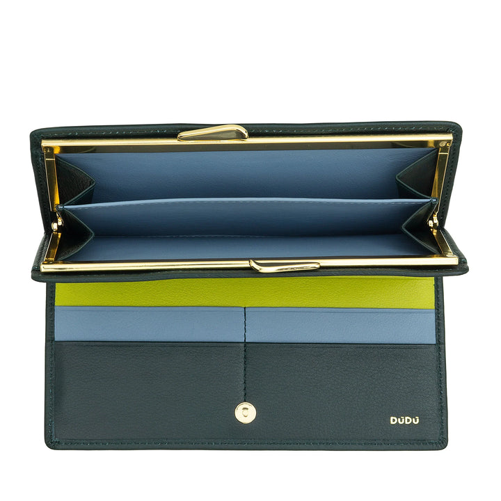 DUDU Cartera Grande para Mujer de Piel Auténtica con Protección RFID, Tarjetero con Monedero Clic Clac, Billetera Colorida