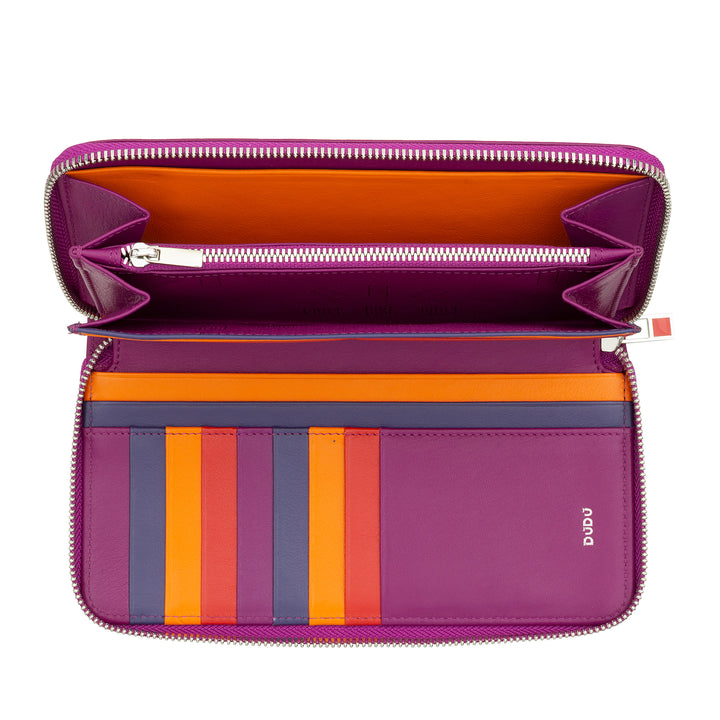 DUDU Grand portefeuille pour femme avec fermeture éclair RFID en cuir Nappa avec fermeture éclair autour de 14 poches pour cartes de crédit et porte-monnaie