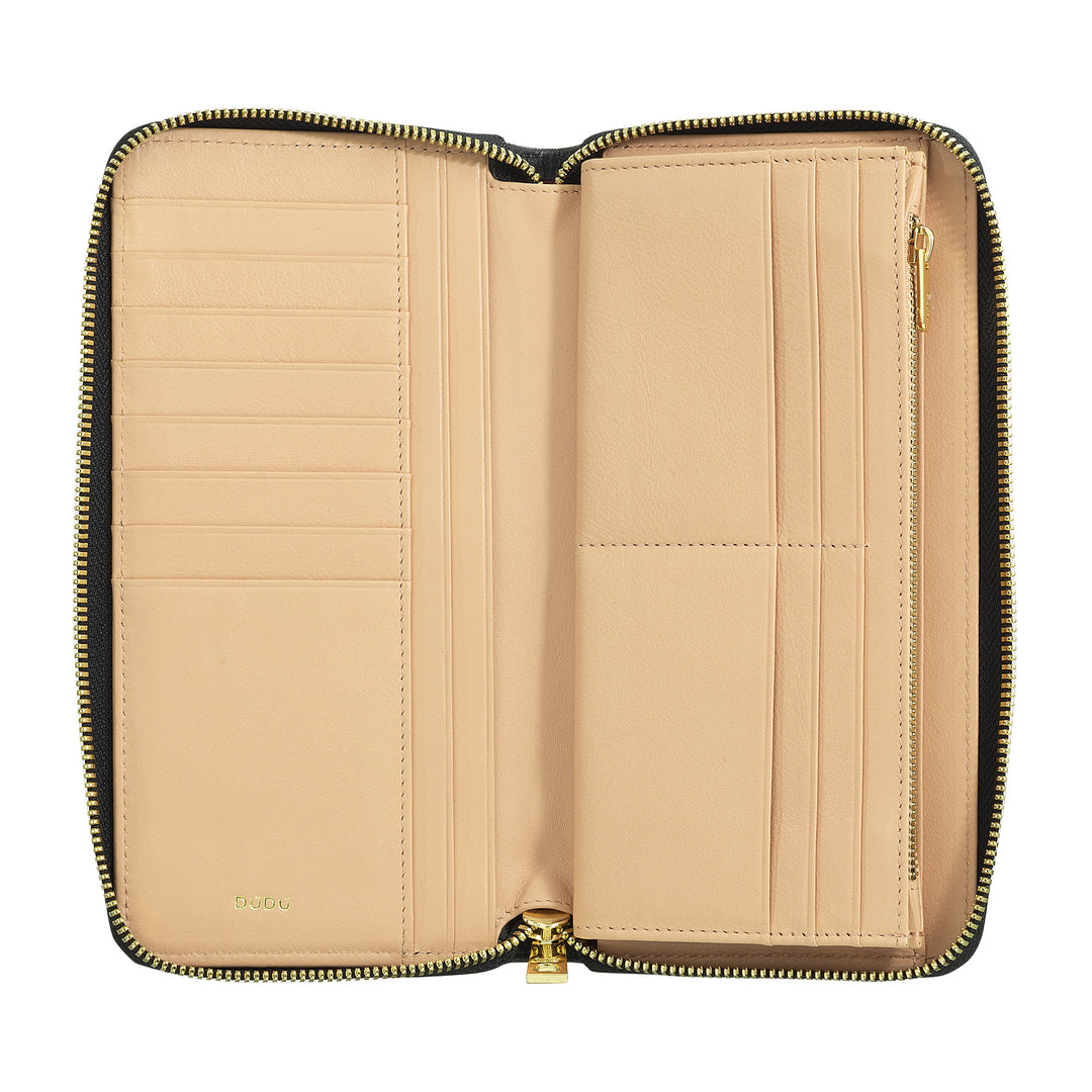 DUDU Grand Portefeuille Femme avec Fermeture Éclair RFID en Cuir Nappa Imprimé, Portefeuilles Zippés avec 14 Poches pour Cartes de Crédit et Porte-Monnaie