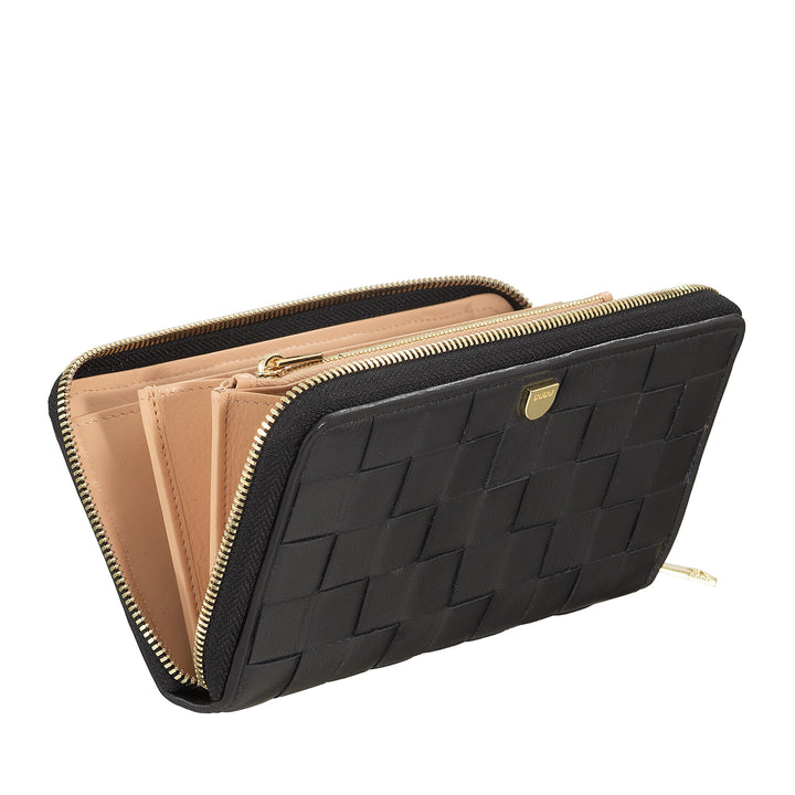 DUDU Portefeuille pour Femme en Cuir Véritable Tressé Zippé, Élégant et Spacieux - Porte-Cartes, Billets et Pièces de Monnaie, Portefeuille Tissé avec Fermeture Éclair Complète