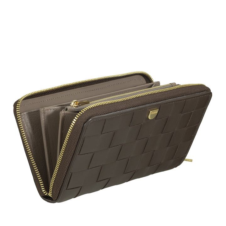 DUDU Portefeuille pour Femme en Cuir Véritable Tressé Zippé, Élégant et Spacieux - Porte-Cartes, Billets et Pièces de Monnaie, Portefeuille Tissé avec Fermeture Éclair Complète
