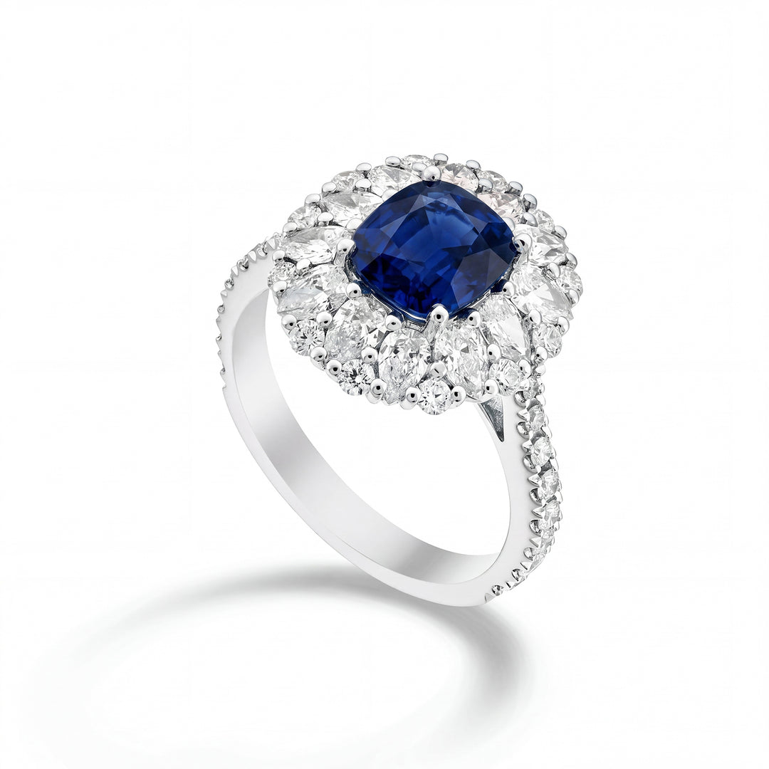 Anillo Golay zafiro cojín 8x7 diamantes gotas y redondo APU510DZB-26133110070