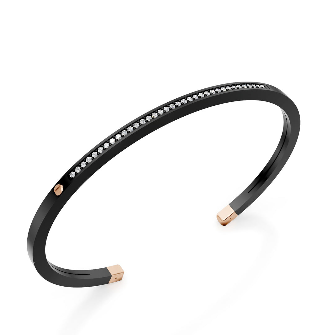 Bracelet esclave en titane noir World Diamond Group, avec une rangée de diamants et des inserts en or rose 18 carats, taille moyenne GBR036O3DINE_M