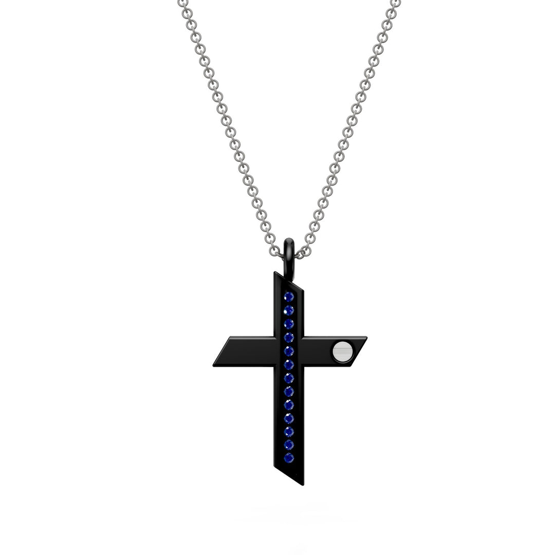 World Diamond Group collana croce con zaffiri in titanio nero e catena grigia, con inserti in platino GDCR01PTZBNE