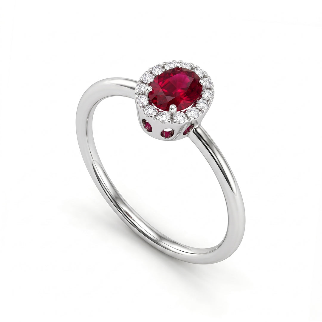 Mikiko an 18k oval ruby 5x4 with diamond outline and smooth shank MA5234O4RBN