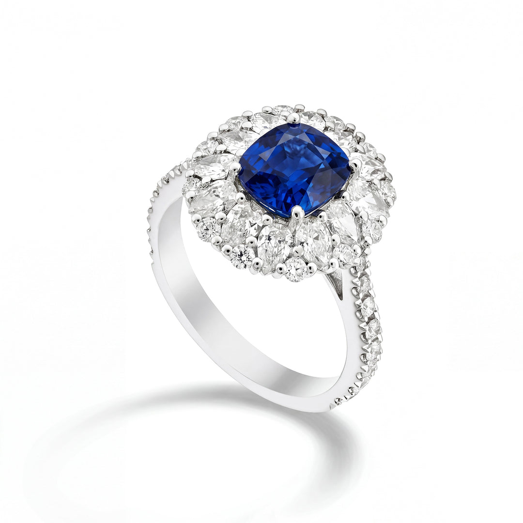 Golay cushion sapphire ring 8x7 contour drops and round APU507DZB-24358110009