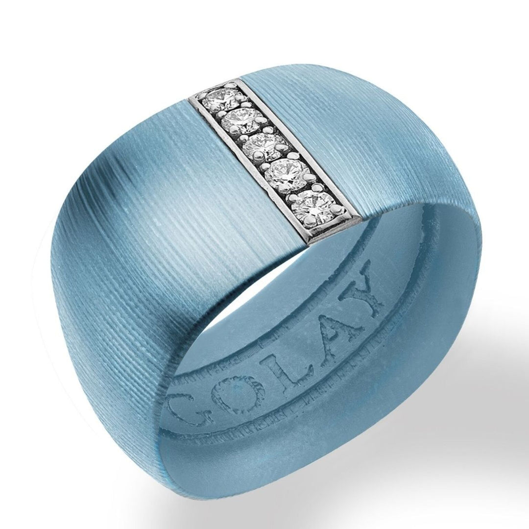 Golay anello fascia in titanio azzurro texture tessuto con inserto lineare in oro bianco 18k incassato con diamanti, misura 14, con molla interna per riduzione GAN027O4DIAZTX-14