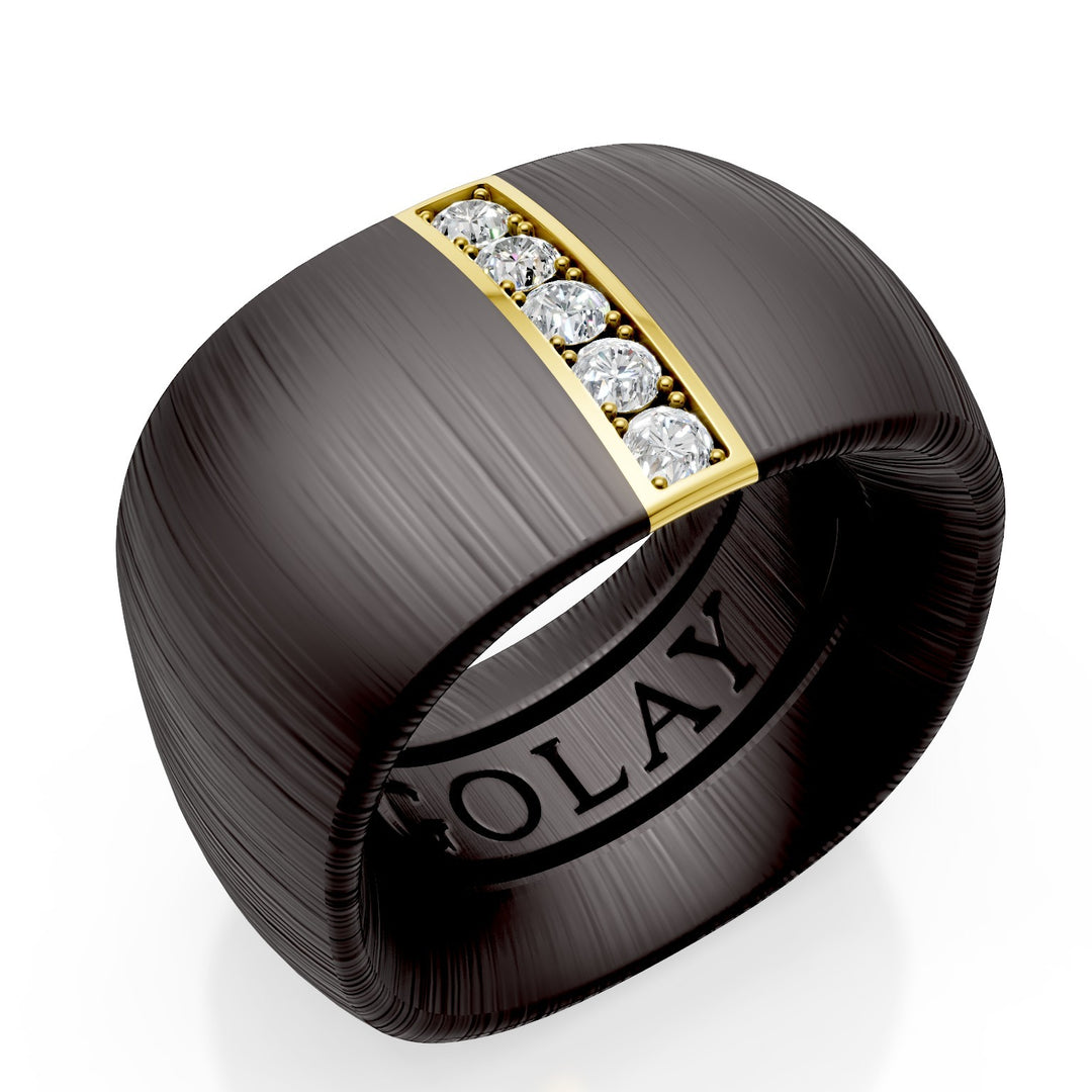 Golay anello fascia in titanio nero texture con inserto lineare in oro giallo 18k incassato con diamanti, misura 14, con molla interna per riduzione GAN027O1DINETX-14