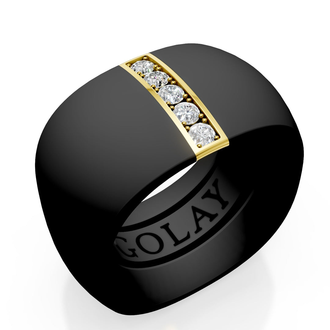 Golay anello fascia in titanio nero con inserto lineare in oro giallo 18k incassato con diamanti, misura 14, con molla interna per riduzione GAN027O1DINE-14