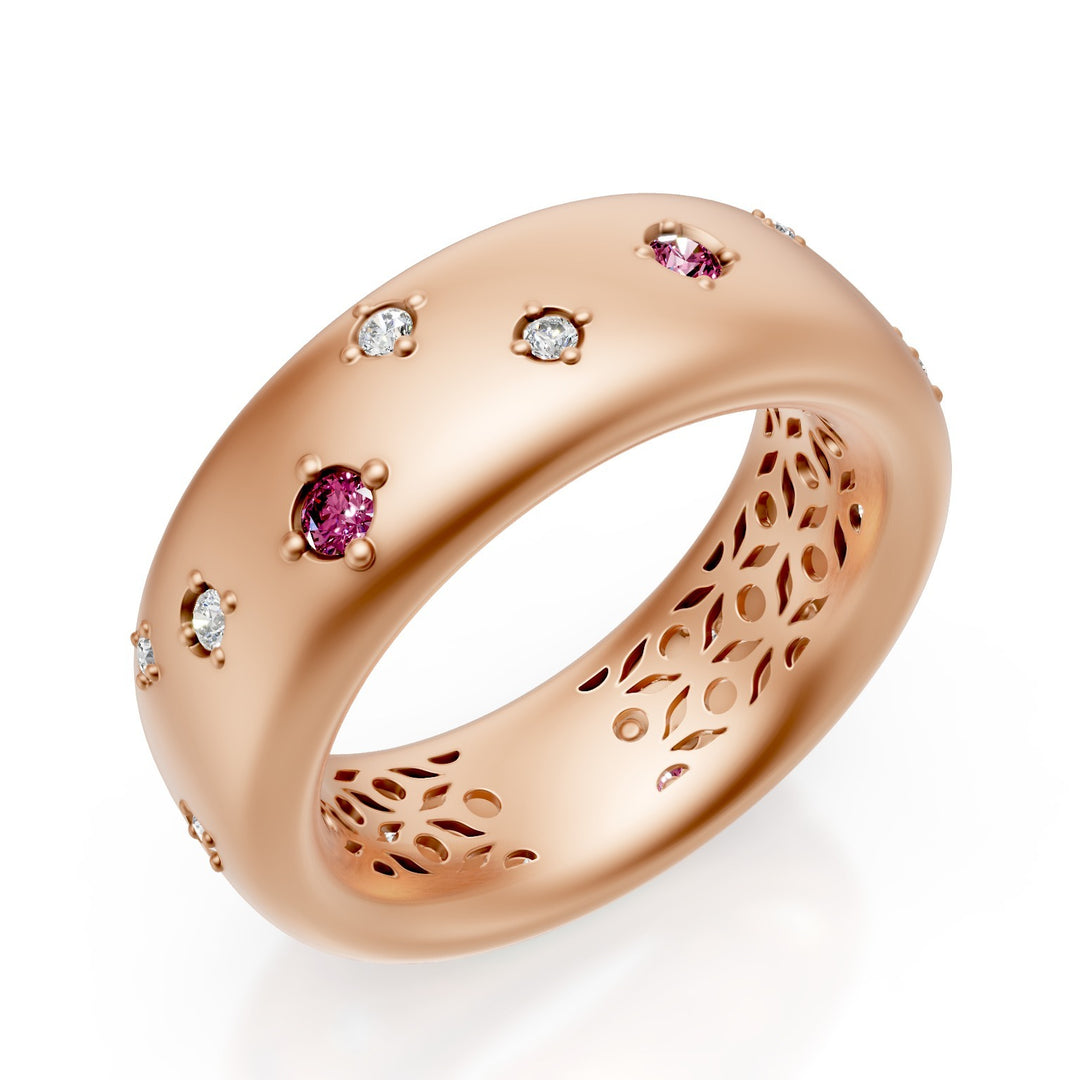 Golay anello fascia stretto in oro 18k, con diamanti e zaffiri pink incassati sparsi, rosa satinato, misura 14 GAN022O3DZPS-14