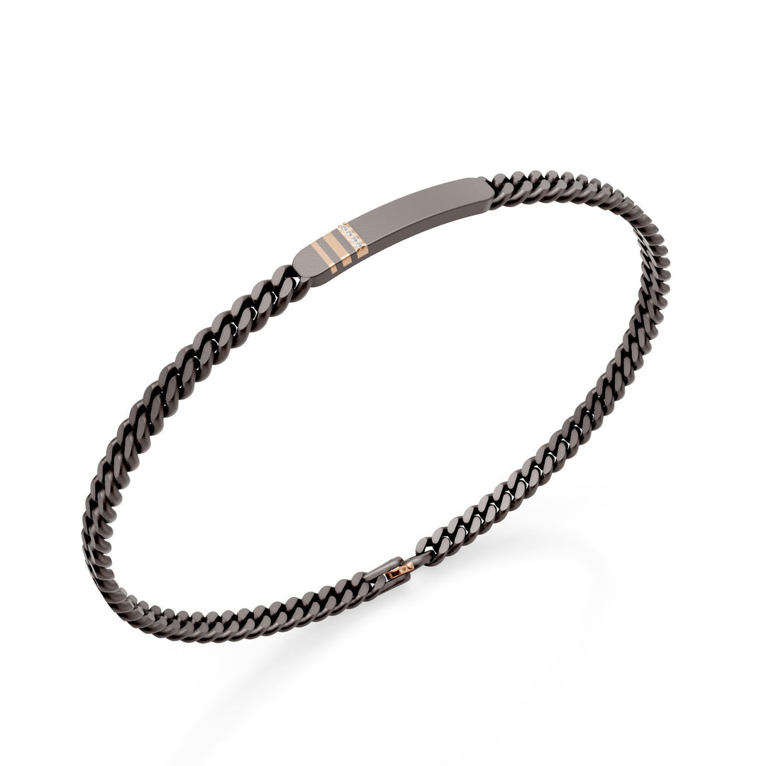Bracelet groumette en titane gris World Diamond Group, avec barre centrale, inserts linéaires en or rose 18 carats, sertis de diamants, 18 cm GBR044O3DIGR-180