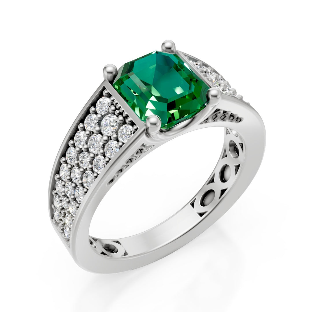 Anillo Golay oct con esmeralda 7x6 con vástago pavimentado AFS645DSM76-26181110074