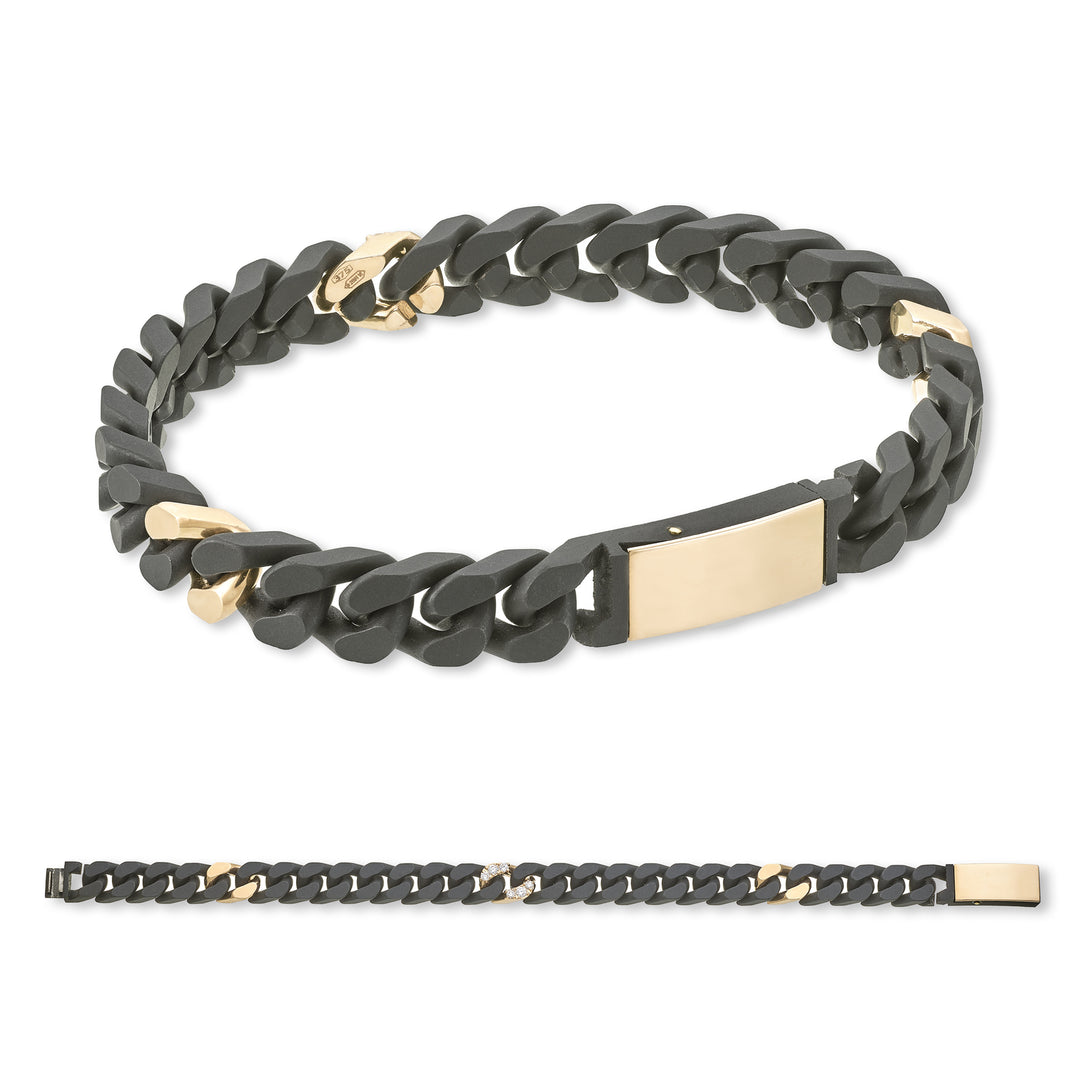 Bracelet groumette X-Diamond 24 maillons lisses moyens en titane noir + 2 maillons lisses en or rose 9 carats + 1 maillon inc. Or rose 9 carats + mésange longue+bouton or rose 9 carats 20 cm LXDBRG003R3DI2NE-200