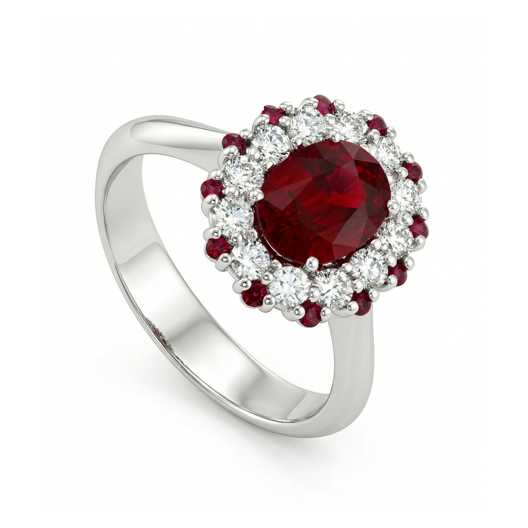 Anillo Golay rubí ovalado 8x6 con diamantes+rubíes contorno APU218DIRU-17334110058
