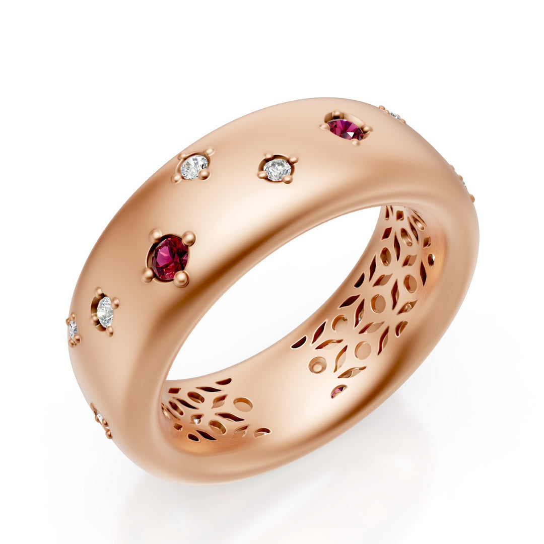 Bague Golay en or 18 carats avec diamants et rubis épars, rose satiné, taille 14 GAN022O3DRUS-14