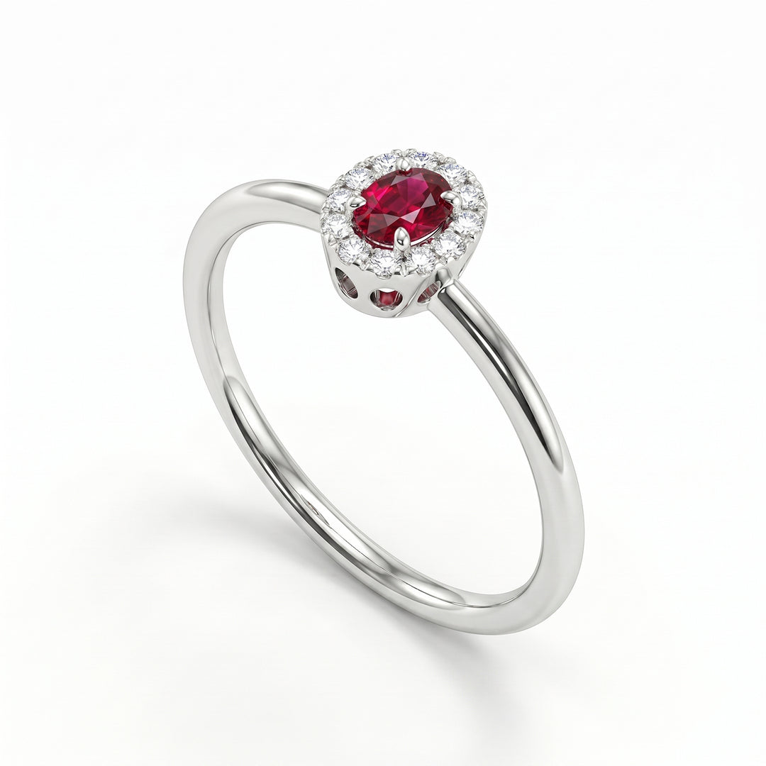 Mikiko an 18k 4x3 oval ruby with diamond outline and smooth shank MA5233O4RBC