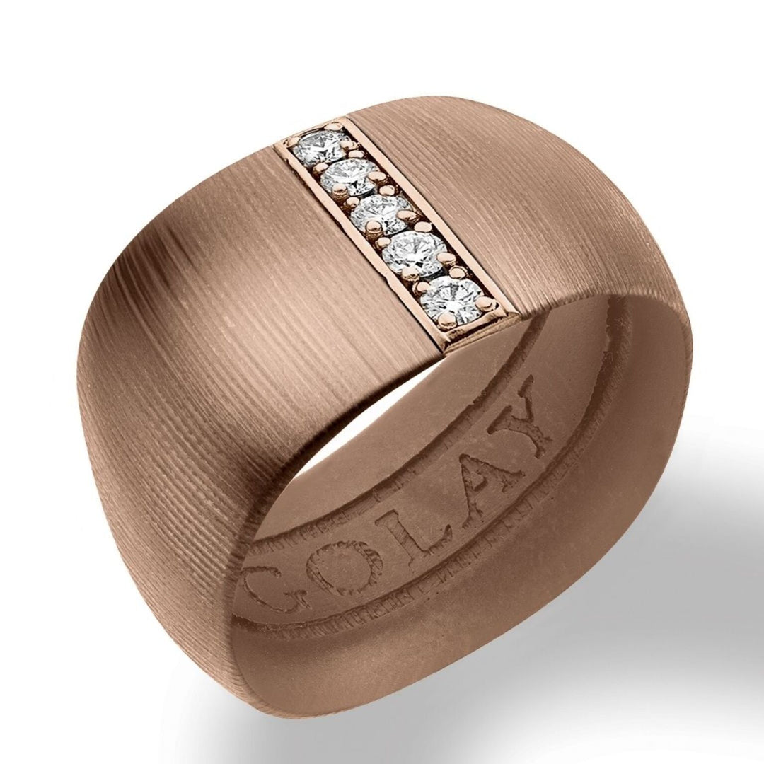 Golay band ring in brown titanium fabric texture with linear insert in 18k rose gold set with diamonds, size 14, with internal spring for reduction GAN027O3DIMATX-14