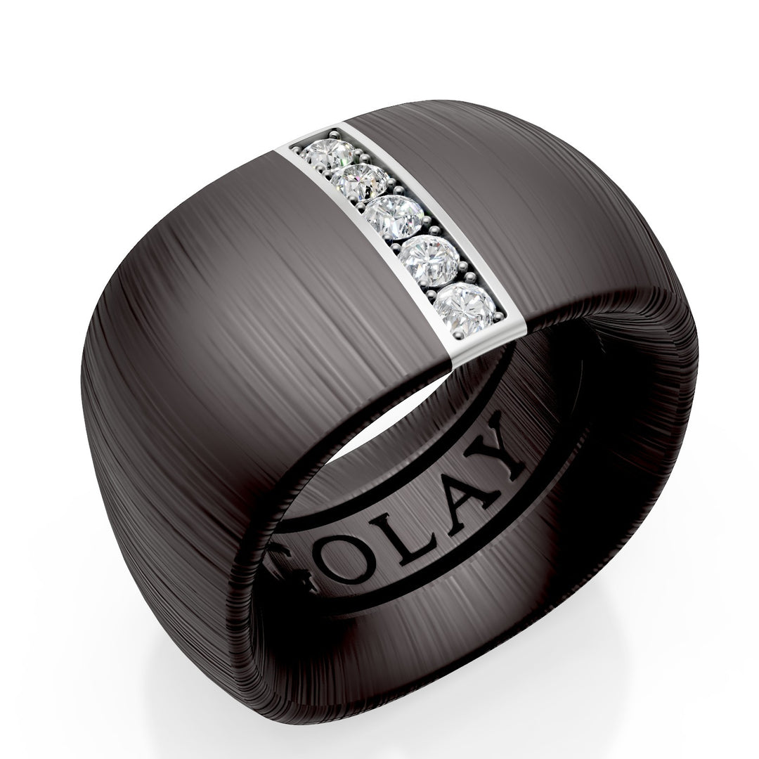 Golay anello fascia in titanio nero texture tessuto con inserto lineare in oro bianco 18k incassato con diamanti, misura 17, con molla interna per riduzione GAN027O4DINETX-17