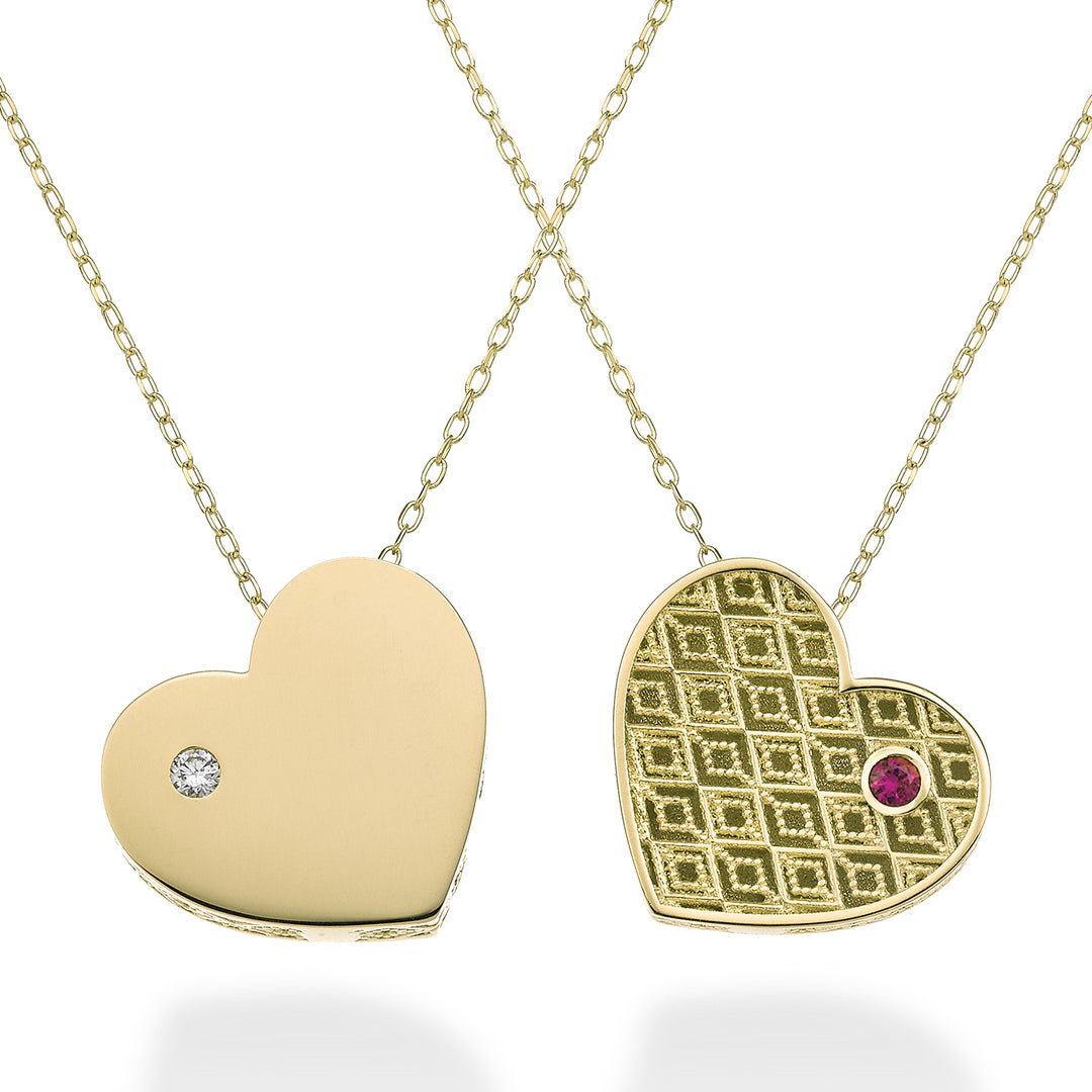 Mikiko cl 18k cuore grande un lato lucido oro giallo diam. ct.0,02 rubino ct.0,02 MDCUOREGLO1
