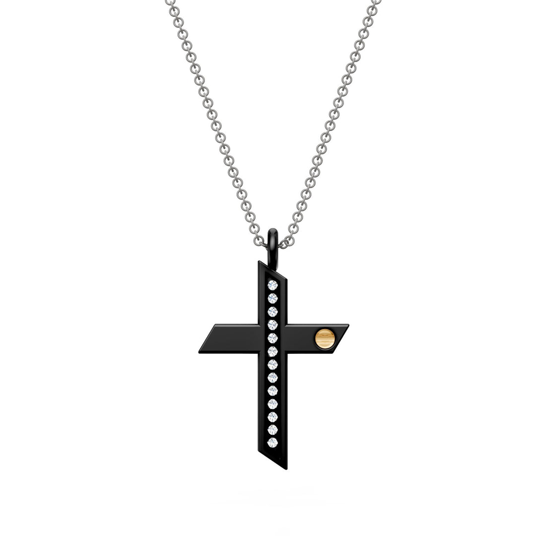 Collier croix World Diamond Group avec diamants en titane noir et chaîne grise, avec inserts en or jaune 18 carats GDCR01O1DINE