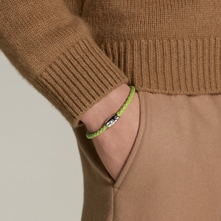 Bracelet Montblanc 3 anneaux en acier et cuir Meisterstück Lime taille S 13429260